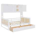 Lit de repos double avec tiroirs de rangement, armoire et étagère, construction en bois robuste