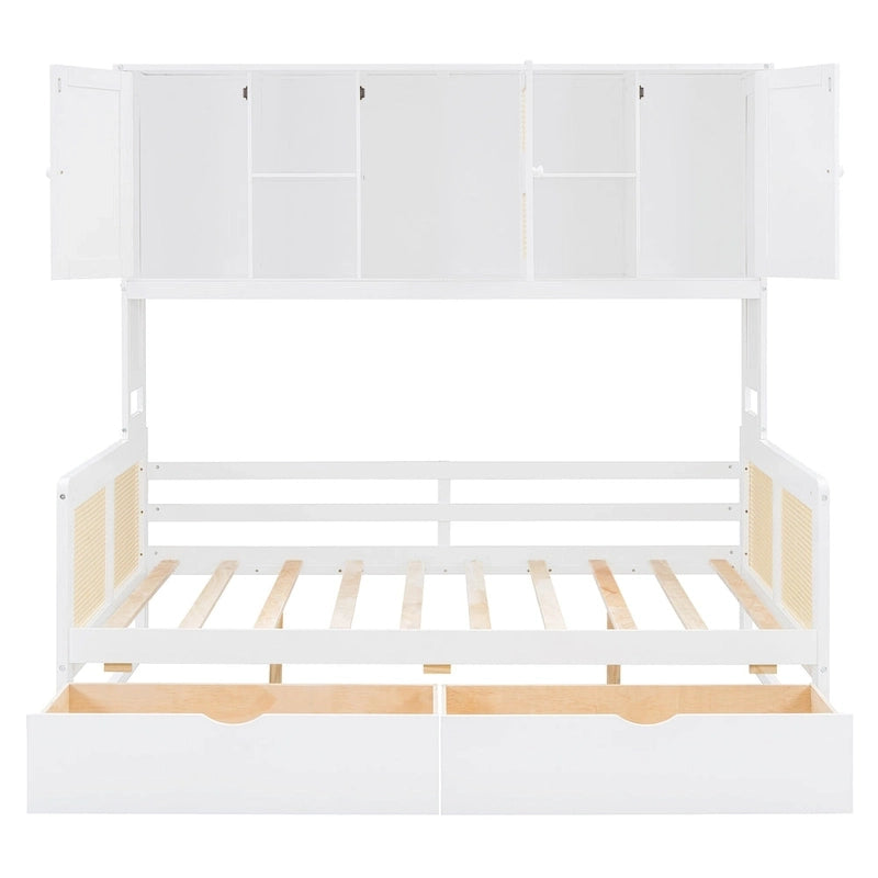 Lit de repos double avec tiroirs de rangement, armoire et étagère, construction en bois robuste