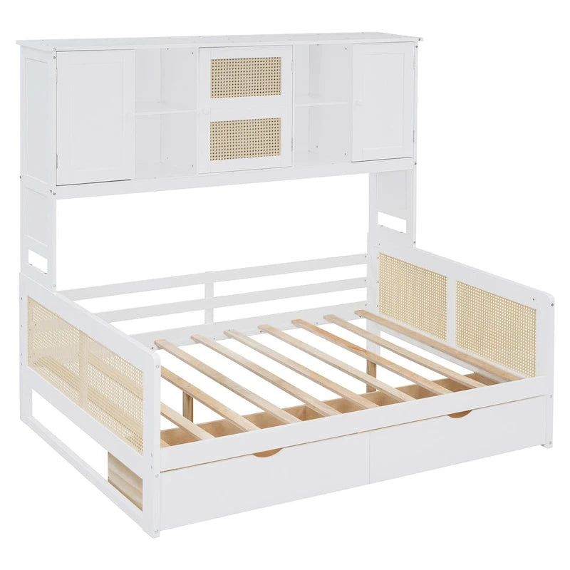 Lit de repos double avec tiroirs de rangement, armoire et étagère, construction en bois robuste