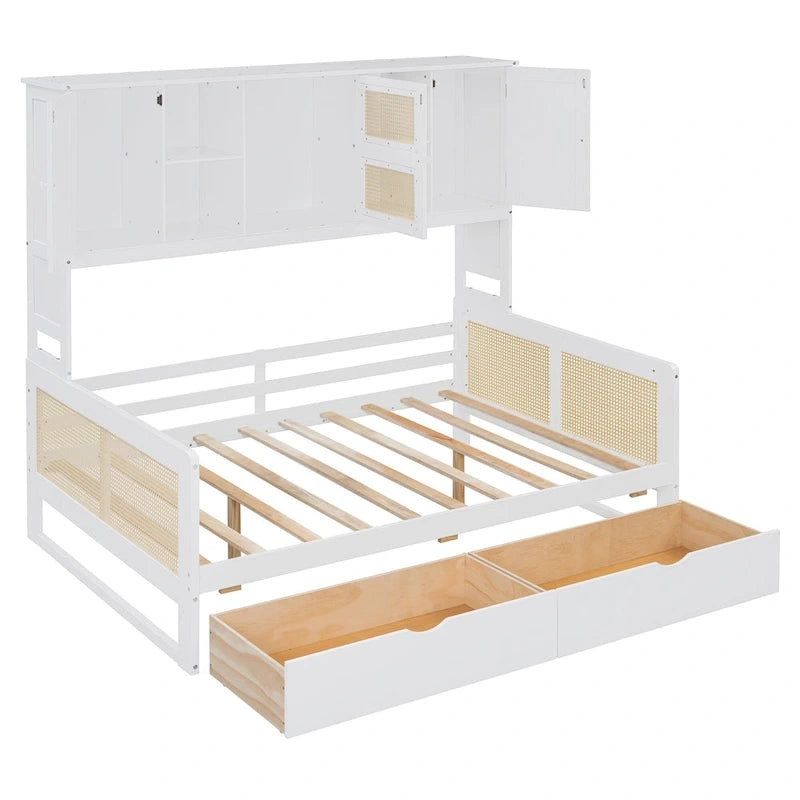 Lit de repos double avec tiroirs de rangement, armoire et étagère, construction en bois robuste