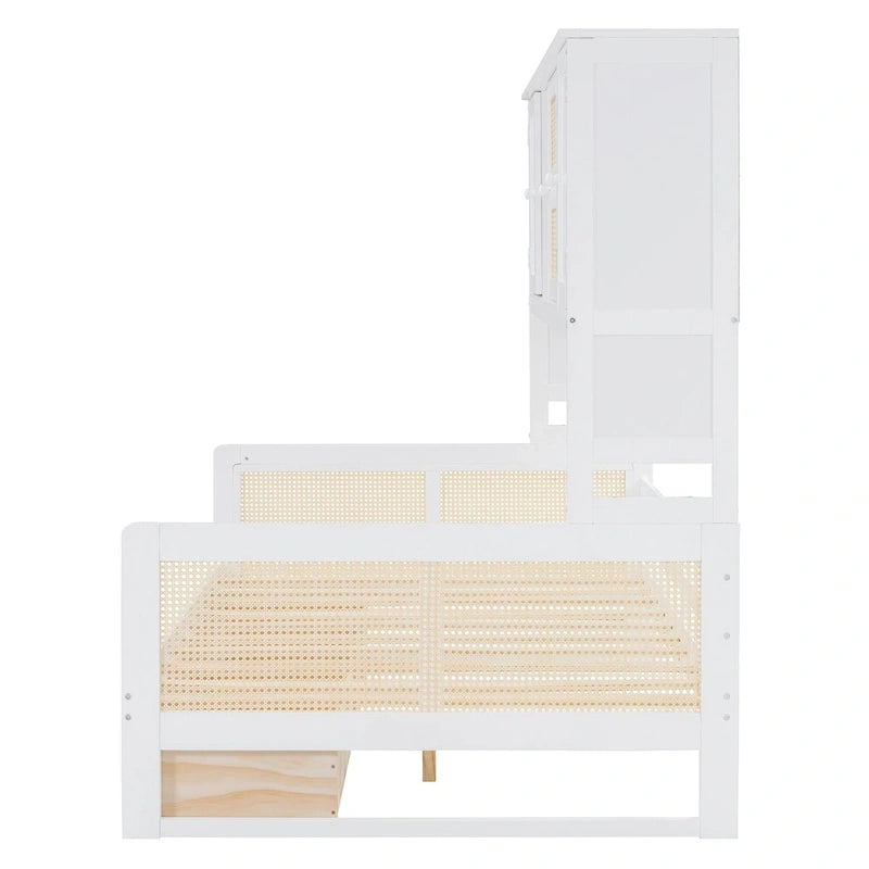 Lit de repos double avec tiroirs de rangement, armoire et étagère, construction en bois robuste