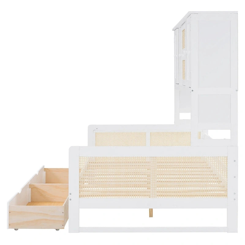 Lit de repos double avec tiroirs de rangement, armoire et étagère, construction en bois robuste