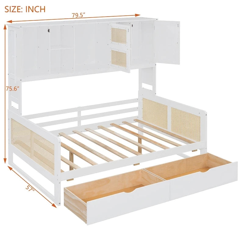Lit de repos double avec tiroirs de rangement, armoire et étagère, construction en bois robuste