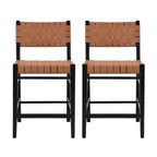 Tabourets de comptoir Roomfitters en cuir PU, ensemble de 2 chaises hautes de bar avec dossier tressé et cadre en bois d'hévéa, noir marron