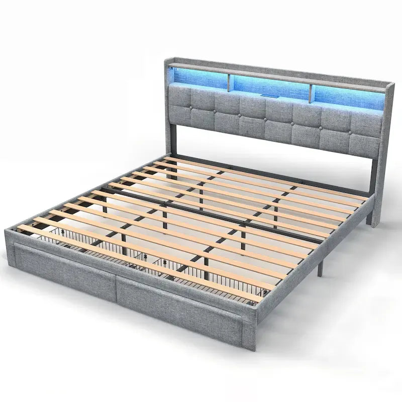 King Platform Bed with Charging Headboard, RGB Lights & 20W USB Ports