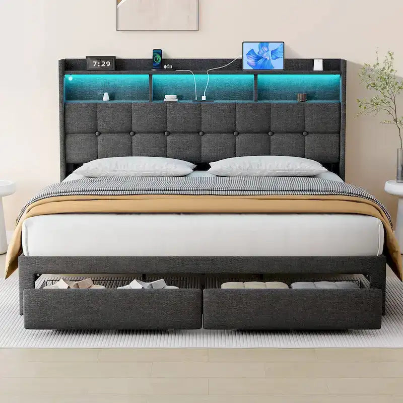 King Platform Bed with Charging Headboard, RGB Lights & 20W USB Ports