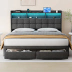King Platform Bed with Charging Headboard, RGB Lights & 20W USB Ports