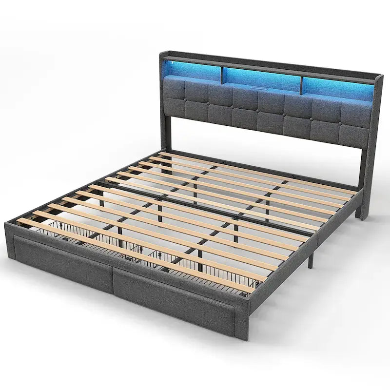 King Platform Bed with Charging Headboard, RGB Lights & 20W USB Ports