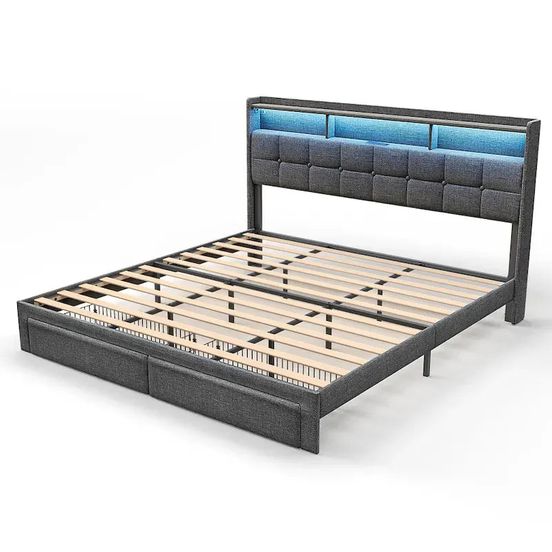 King Platform Bed with Charging Headboard, RGB Lights & 20W USB Ports