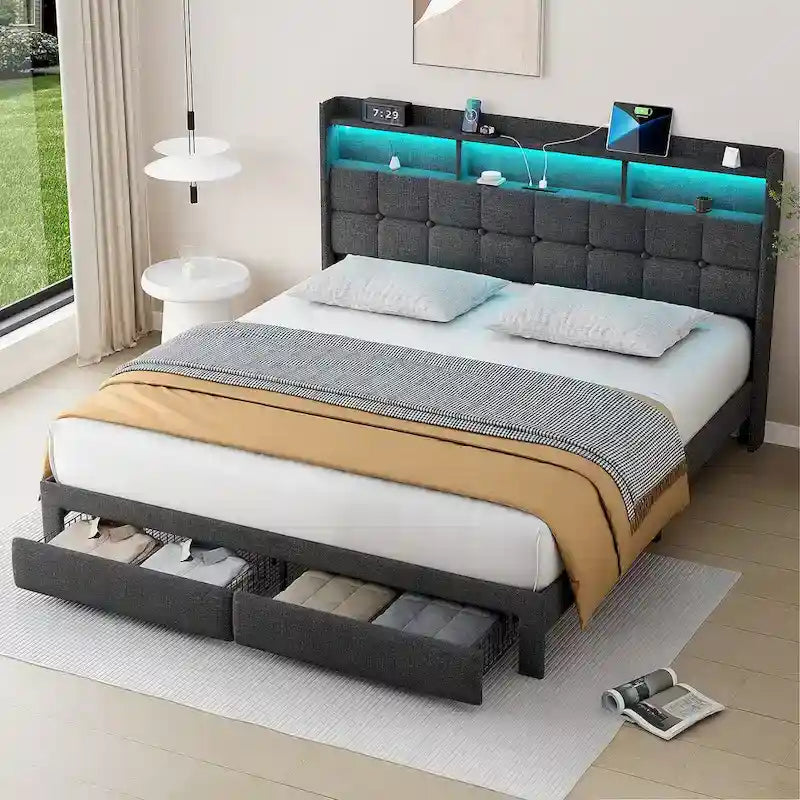 King Platform Bed with Charging Headboard, RGB Lights & 20W USB Ports