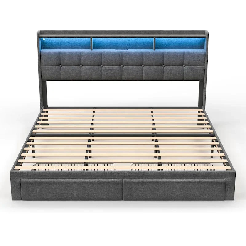 King Platform Bed with Charging Headboard, RGB Lights & 20W USB Ports