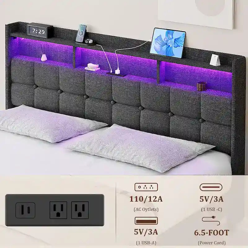 King Platform Bed with Charging Headboard, RGB Lights & 20W USB Ports