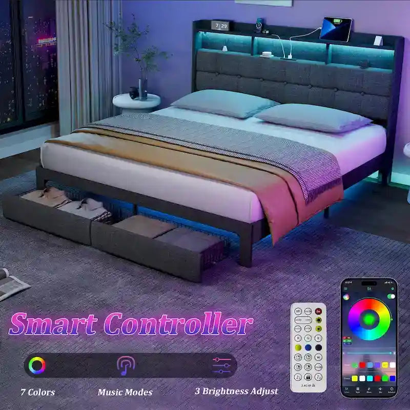 King Platform Bed with Charging Headboard, RGB Lights & 20W USB Ports