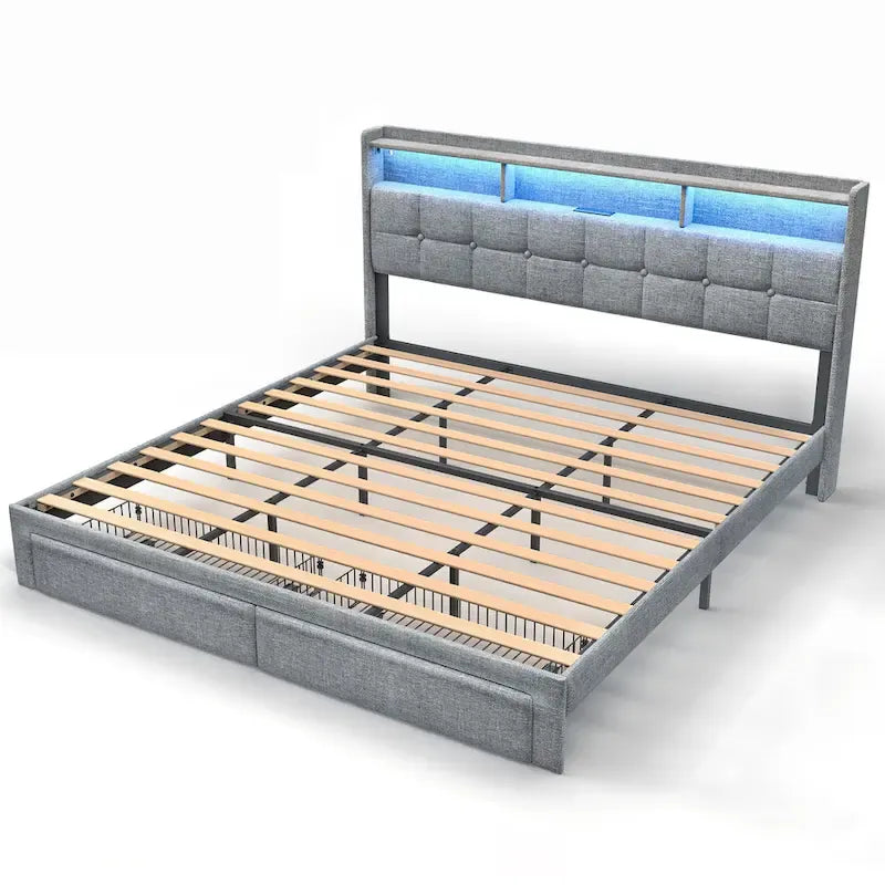 King Platform Bed with Charging Headboard, RGB Lights & 20W USB Ports