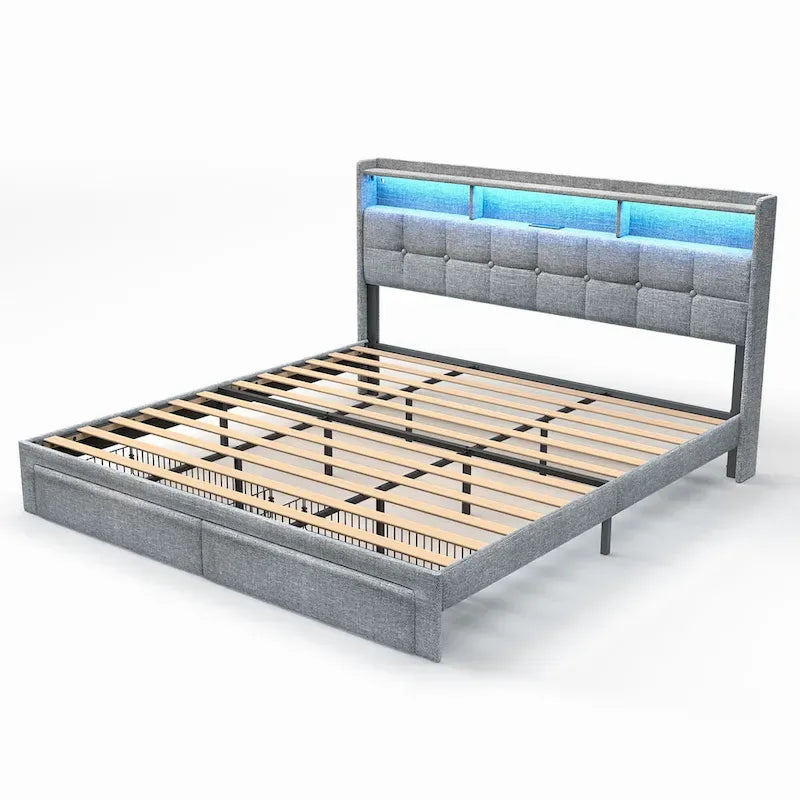 King Platform Bed with Charging Headboard, RGB Lights & 20W USB Ports