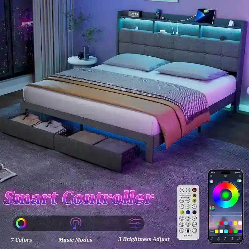 King Platform Bed with Charging Headboard, RGB Lights & 20W USB Ports