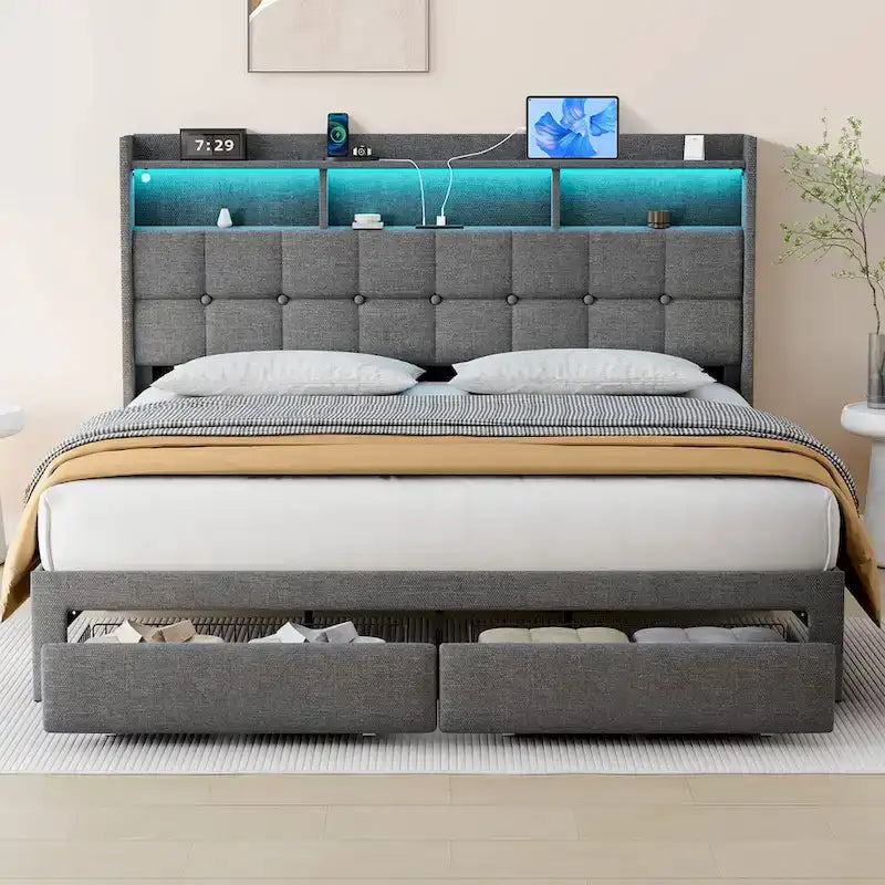 King Platform Bed with Charging Headboard, RGB Lights & 20W USB Ports