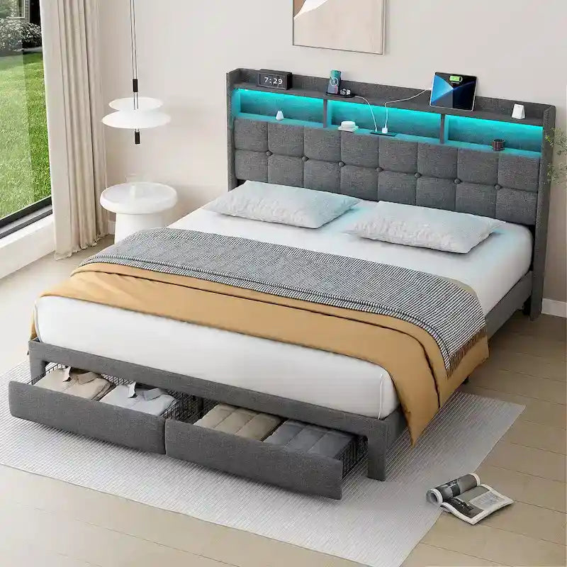 King Platform Bed with Charging Headboard, RGB Lights & 20W USB Ports