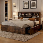 Full Bed Frame with High Storage Bookcase Headboard