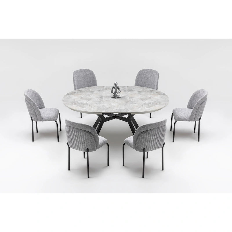 Ensemble de table à manger ronde extensible 7 pièces Zirz et 6 chaises avec pieds en métal