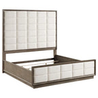 King Size Bed, Grid Tufted Headboard, Ivory Upholstery, Oak Brown