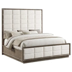 King Size Bed, Grid Tufted Headboard, Ivory Upholstery, Oak Brown