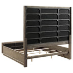 King Size Bed, Grid Tufted Headboard, Ivory Upholstery, Oak Brown