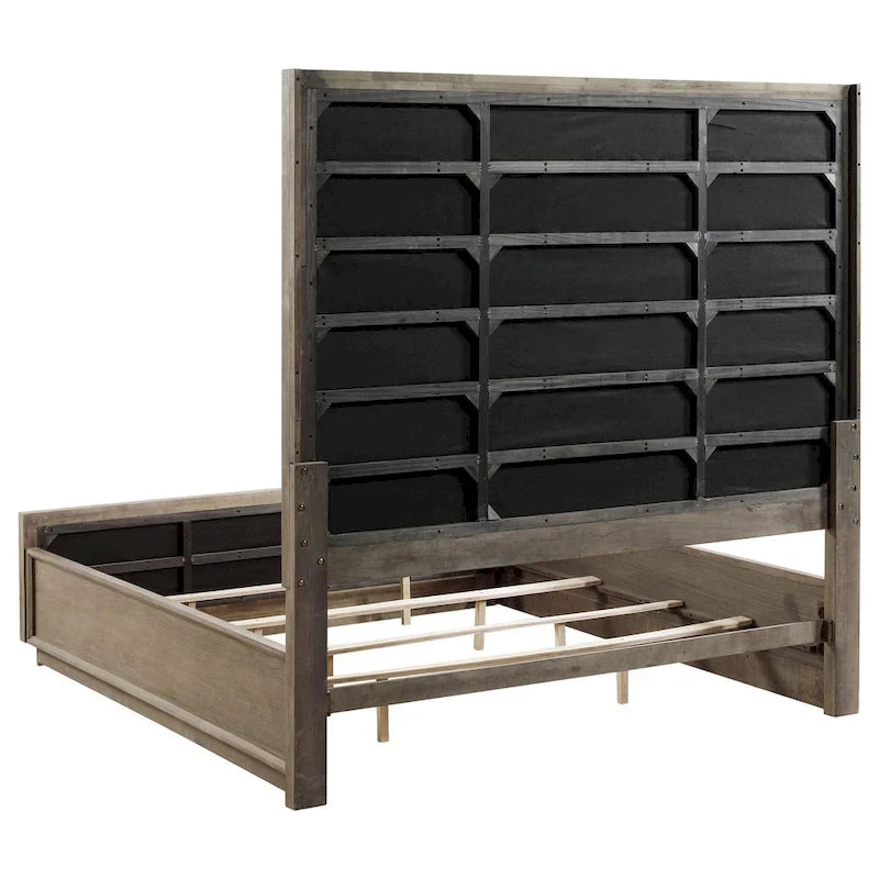 King Size Bed, Grid Tufted Headboard, Ivory Upholstery, Oak Brown