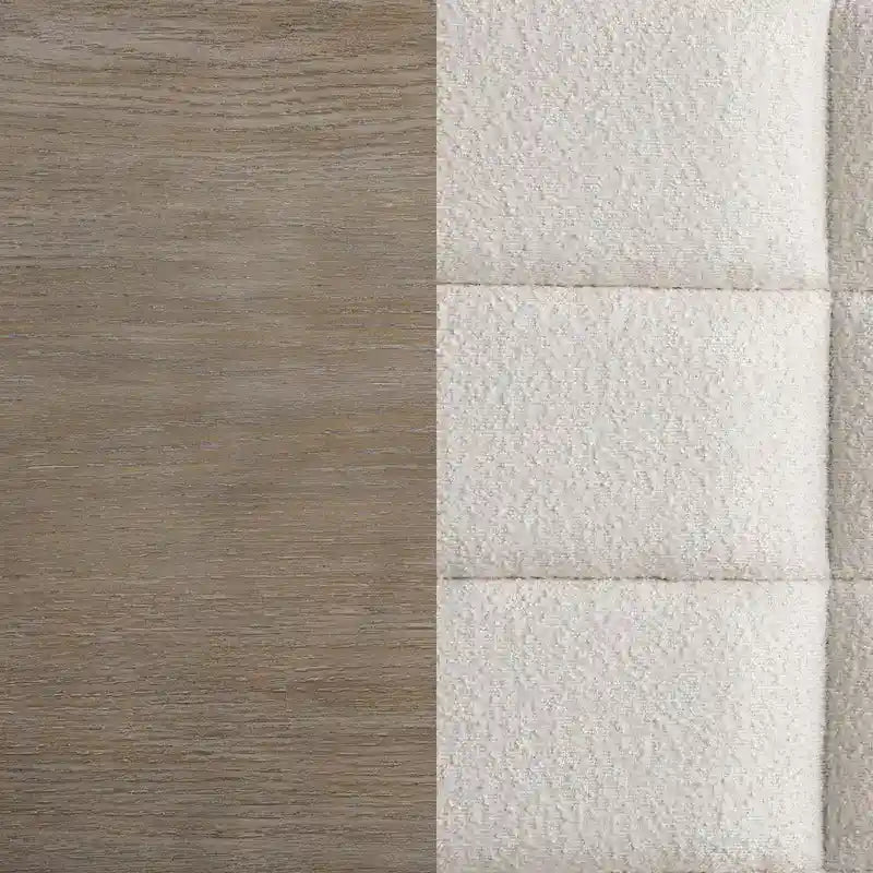 King Size Bed, Grid Tufted Headboard, Ivory Upholstery, Oak Brown