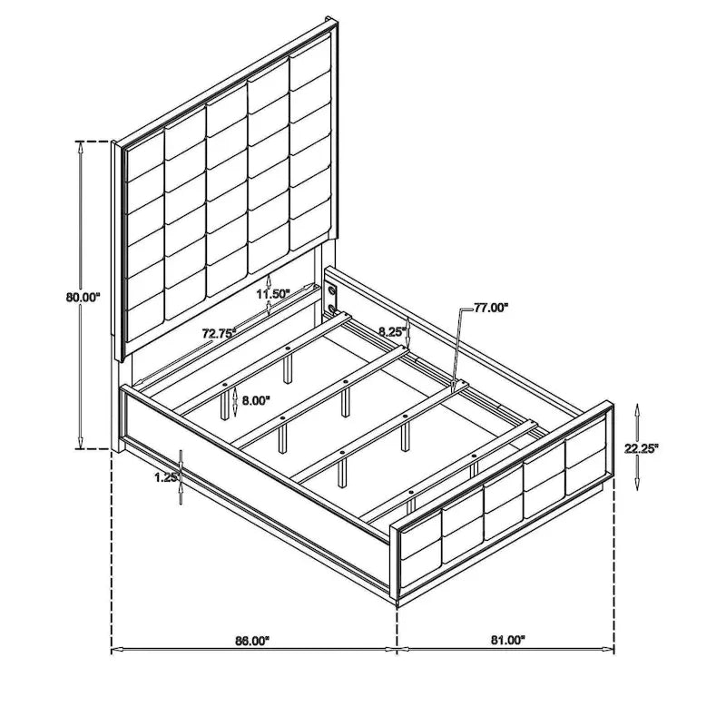 King Size Bed, Grid Tufted Headboard, Ivory Upholstery, Oak Brown