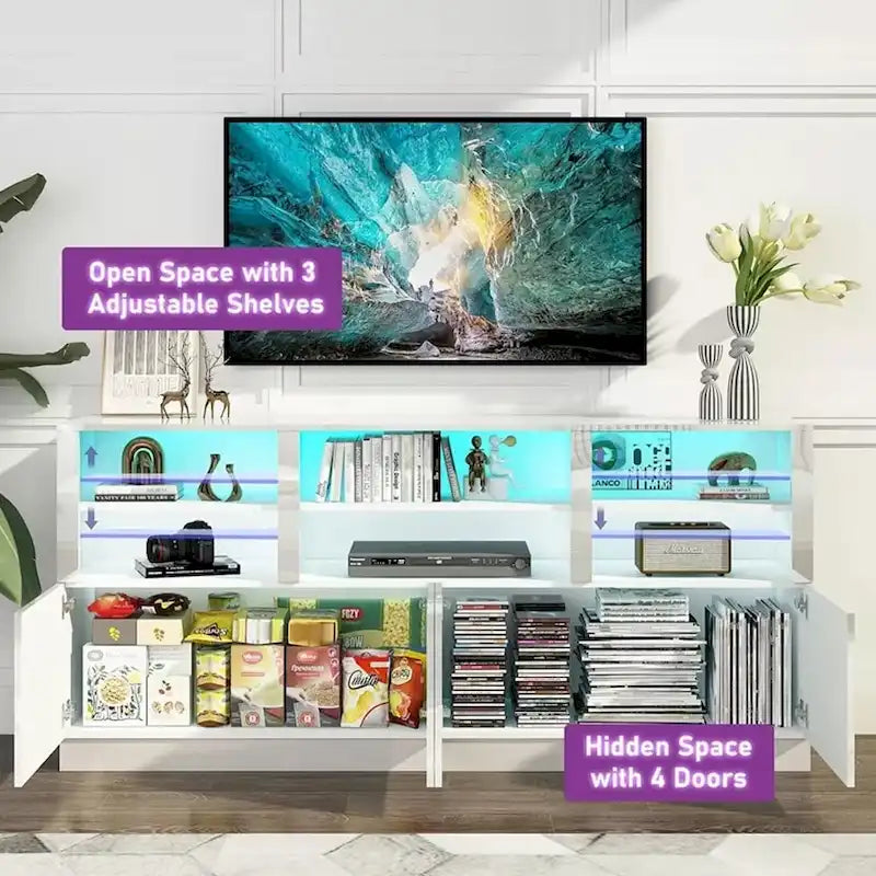 70 Inch High Gloss LED TV Stand with Storage Cabinets, Fits up to 85"