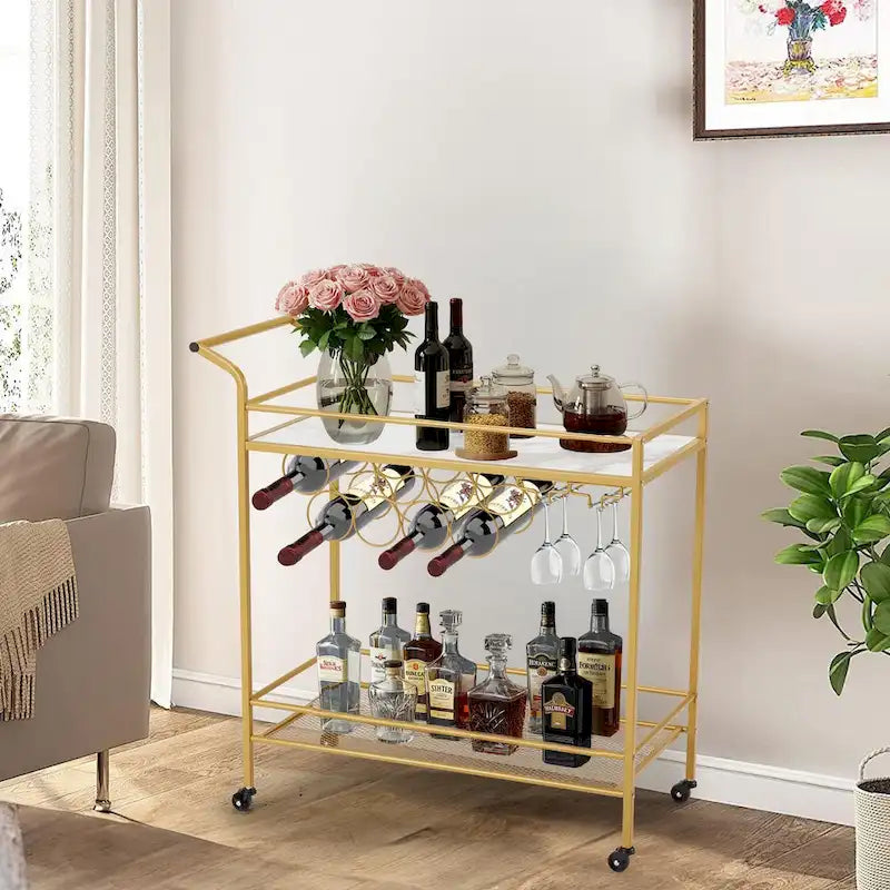 EROMMY Gold Bar Cart with Wheels, Rolling Liquor Cart with Wine Rack and Glass Holder, Modern Bar Trolley for Home Kitchen.
