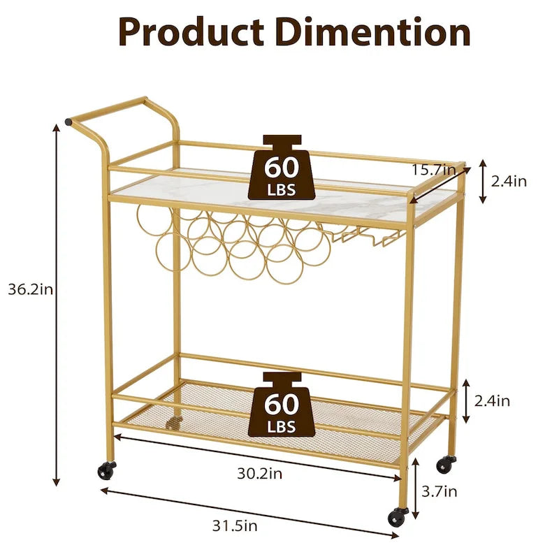 EROMMY Gold Bar Cart with Wheels, Rolling Liquor Cart with Wine Rack and Glass Holder, Modern Bar Trolley for Home Kitchen.