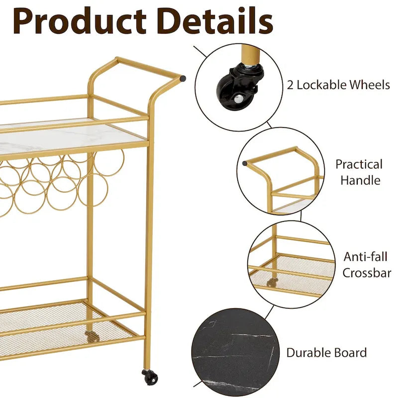 EROMMY Gold Bar Cart with Wheels, Rolling Liquor Cart with Wine Rack and Glass Holder, Modern Bar Trolley for Home Kitchen.