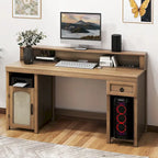 Moasis Farmhouse Wood Office Desk with Drawer and LED Strip & Power Outlets