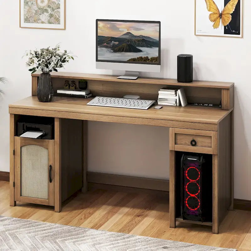 Moasis Farmhouse Wood Office Desk with Drawer and LED Strip & Power Outlets