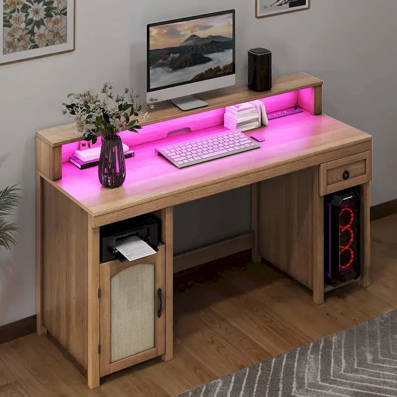 Farmhouse Wood Office Desk with Drawer and LED Strip & Power Outlets