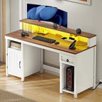 Farmhouse Wood Office Desk with Drawer and LED Strip & Power Outlets