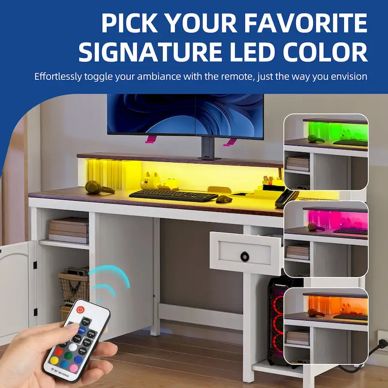 Farmhouse Wood Office Desk with Drawer and LED Strip & Power Outlets