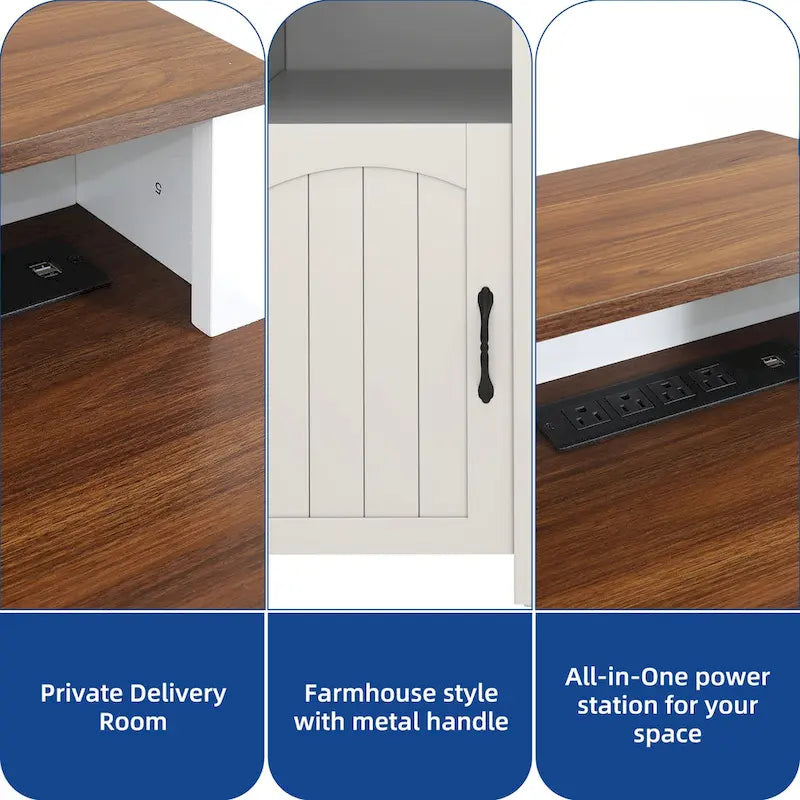 Farmhouse Wood Office Desk with Drawer and LED Strip & Power Outlets