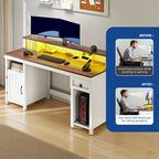 Farmhouse Wood Office Desk with Drawer and LED Strip & Power Outlets