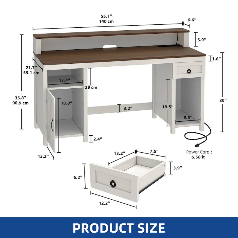 Farmhouse Wood Office Desk with Drawer and LED Strip & Power Outlets