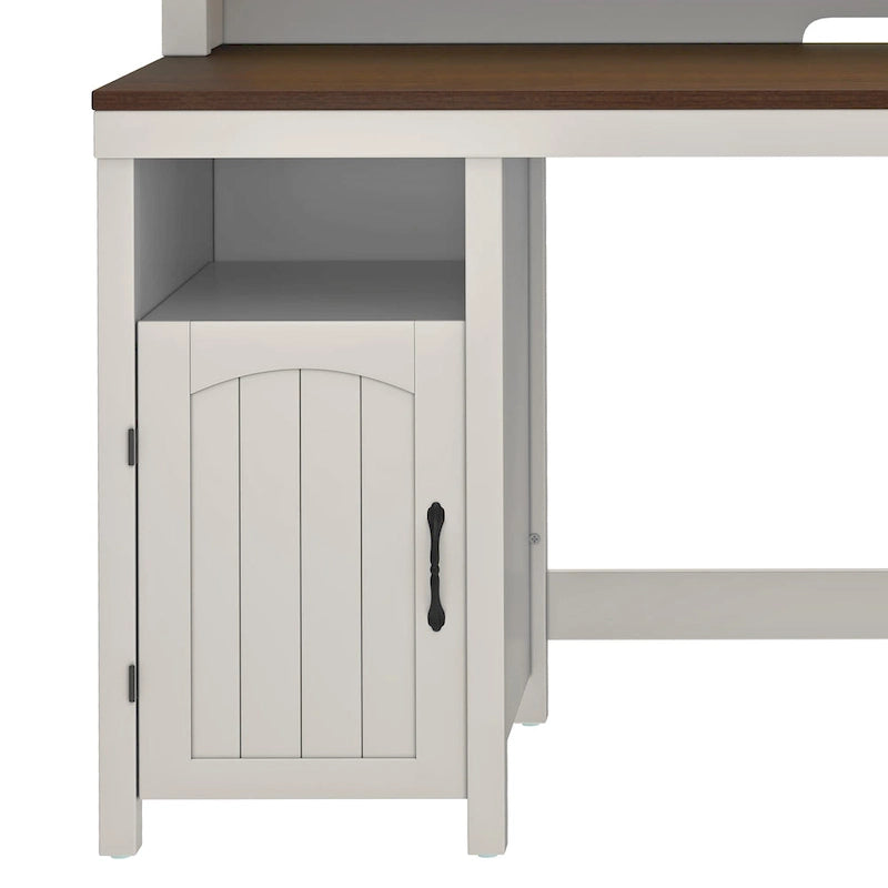 Farmhouse Wood Office Desk with Drawer and LED Strip & Power Outlets