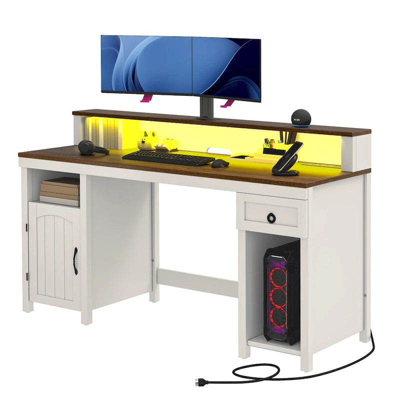 Farmhouse Wood Office Desk with Drawer and LED Strip & Power Outlets