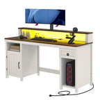 Farmhouse Wood Office Desk with Drawer and LED Strip & Power Outlets