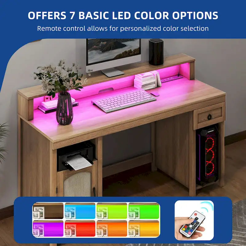 Farmhouse Wood Office Desk with Drawer and LED Strip & Power Outlets