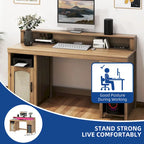 Farmhouse Wood Office Desk with Drawer and LED Strip & Power Outlets