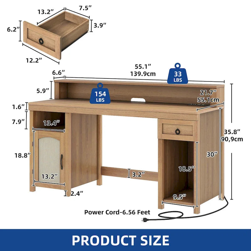 Farmhouse Wood Office Desk with Drawer and LED Strip & Power Outlets