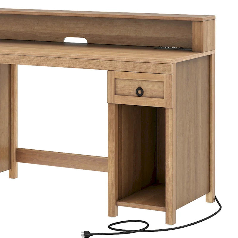Farmhouse Wood Office Desk with Drawer and LED Strip & Power Outlets