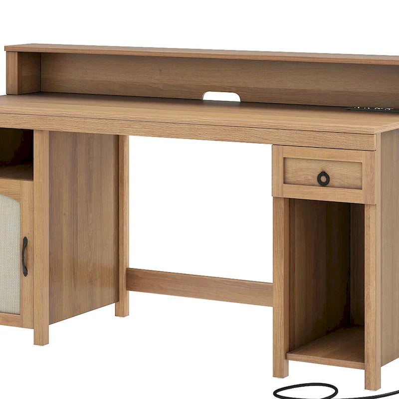 Farmhouse Wood Office Desk with Drawer and LED Strip & Power Outlets